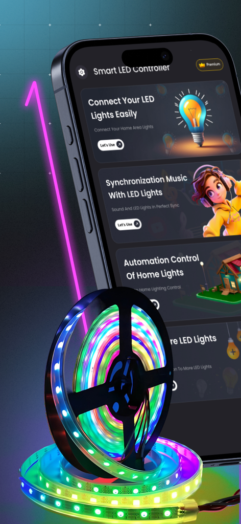 LED Light Controller Smart LED - A smartphone displaying the Smart LED Controller app with features like music sync and automation next to a colorful LED strip reel