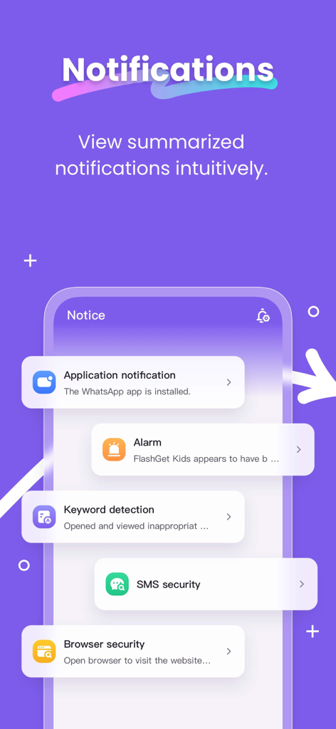 FlashGet Kids：parental control - FlashGet Kidsアプリインターフェース、キーワード検出とブラウザセキュリティの要約された通知を表示