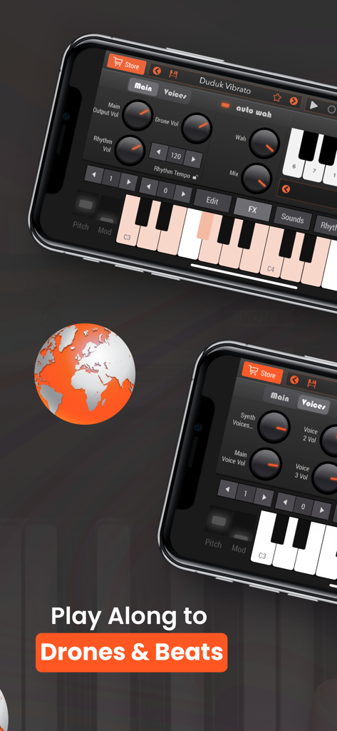 World Piano Notes & Drum Beats - World Piano app interface showing a virtual keyboard and music production controls for drones and beats
