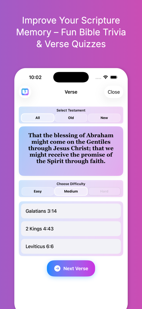 Holy Quiz & Study: iBibleVerse - Oberfläche der iBibleVerse-App, die ein Schriftvers-Quiz mit einem Bibelvers und Multiple-Choice-Antwortoptionen zeigt.