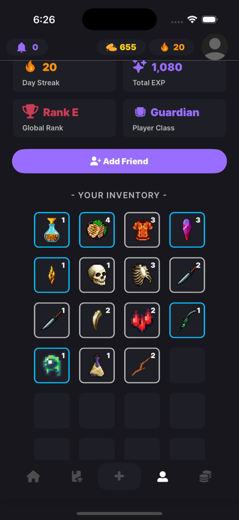 Levelite - Levelite app screen showing a character inventory with pixel art icons and player progression stats.
