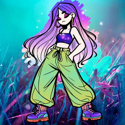 girl in baggy pants crop top and long hair