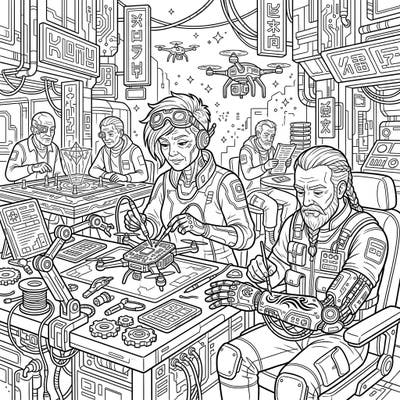 Explore a fascinating fusion of tradition and technology with this unique coloring page featuring seniors engaged in cyberpunk hobbies. Immerse yourself in a future where wisdom meets innovation, all waiting for your creative touch.