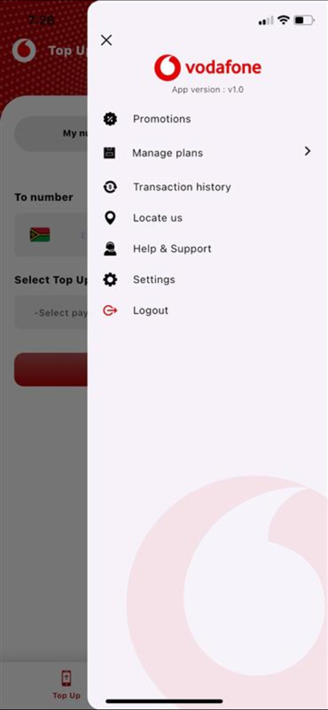 My Vodafone Vanuatu - Side menu of My Vodafone Vanuatu app showing account management and support options