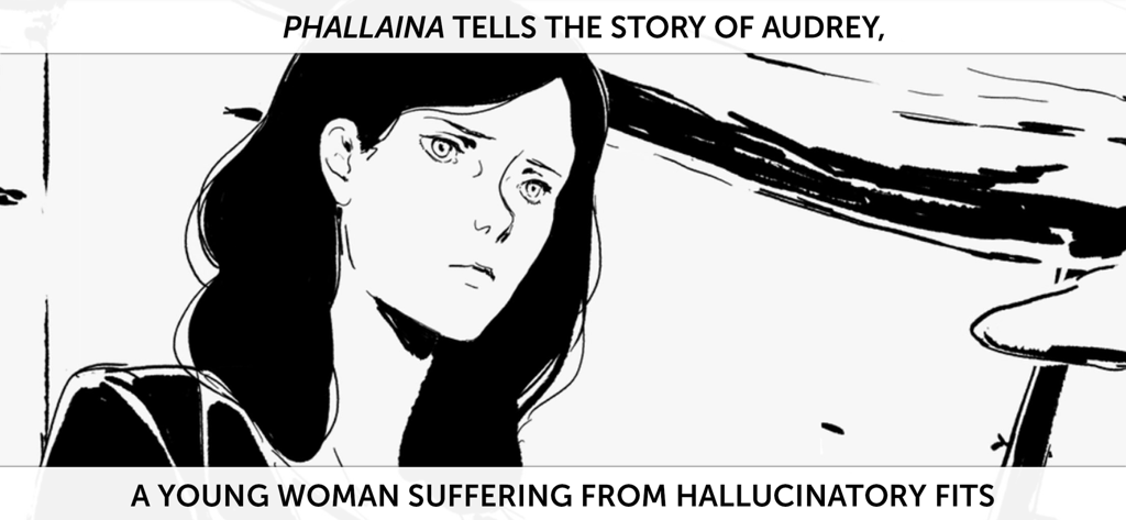 Black and white illustration of Audrey from the Phallaina digital graphic novel