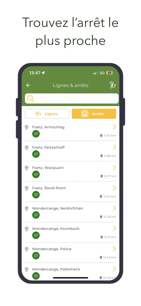 Interface de l'application TICE montrant une liste d'arrêts de bus à proximité avec les distances