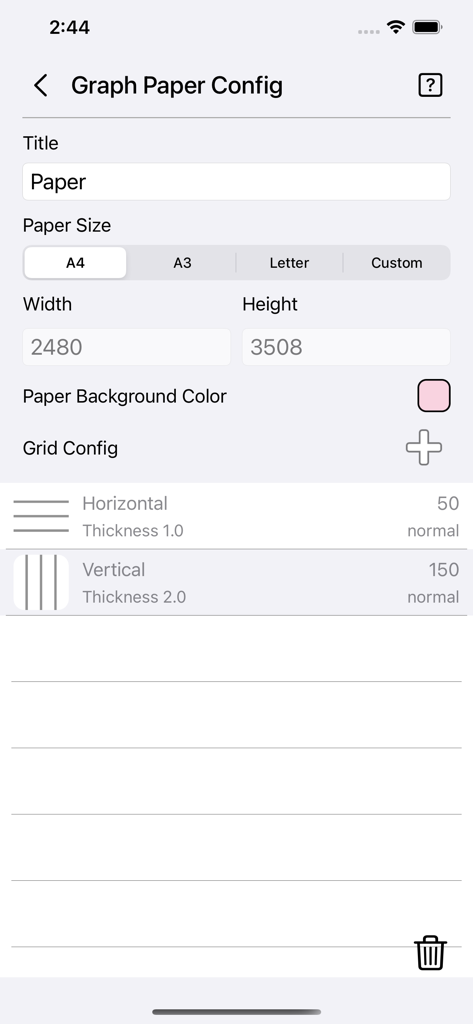 Graph Paper Gen - Configuration screen in the Graph Paper Gen app for setting paper size and grid line thickness