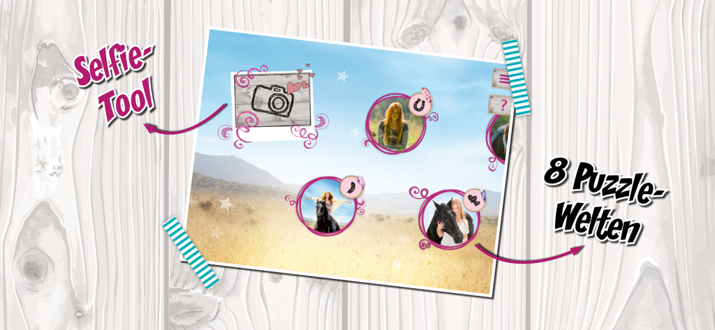 Ostwind - Ostwind app menu featuring puzzle worlds and a selfie tool for kids