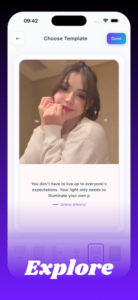 Baji~ - The Baji app template selection screen displaying a preview of an aesthetic quote card with a photo and inspirational text.