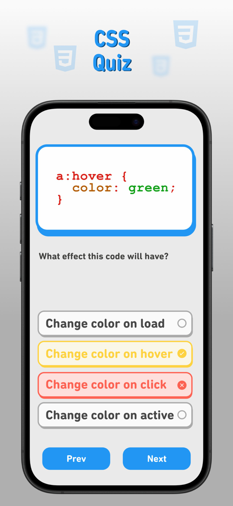 Html Css JavaScript Quiz - Schermata di un quiz CSS che testa la conoscenza del CSS con una domanda su snippet di codice e risposte a scelta multipla.