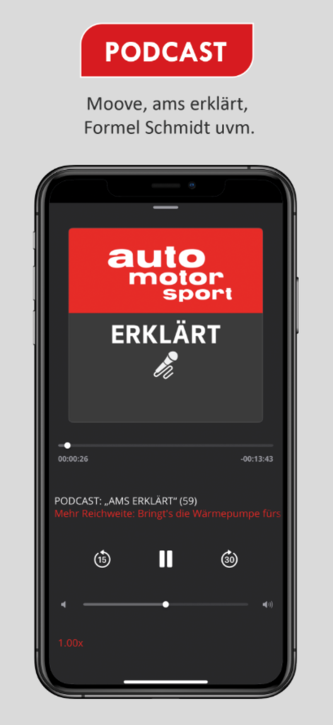 auto motor und sport News - Podcast-Player-Oberfläche in der auto motor und sport News App mit technischen Automobil-Diskussionen