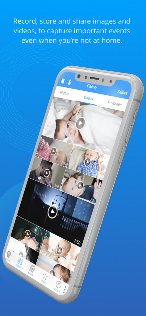 Pantalla de smartphone que muestra la galería de videos de la aplicación Motorola by Hubble Connected con grabaciones de bebés