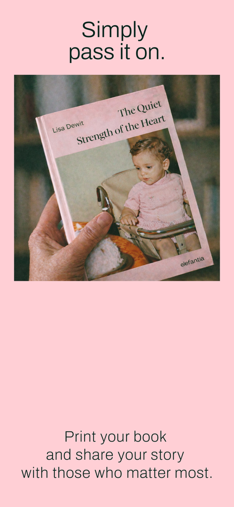 Elefantia - A hand holding a printed biography book titled The Quiet Strength of the Heart.