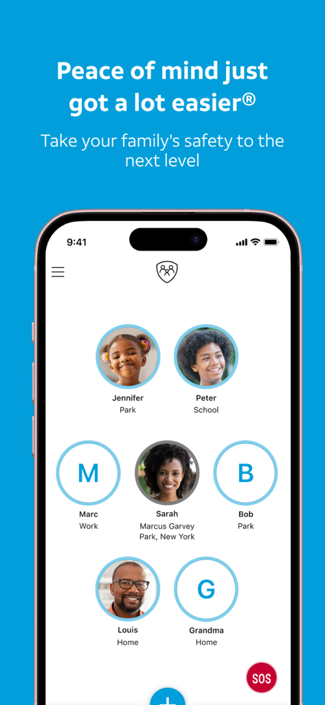 AT&T Secure Family® parent app - AT&T Secure Family parent app dashboard showing locations of family members