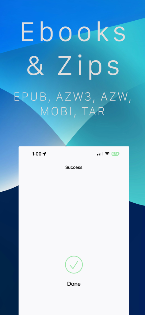 Converter – PDF, Image & Video - Écran de confirmation montrant une conversion réussie de formats d'ebook et de fichiers zip tels que EPUB et MOBI