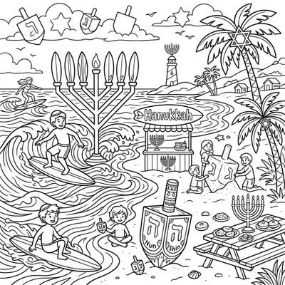 Catch the waves and the spirit of Hanukkah with this unique coloring page! Featuring surfers, dreidels, and menorahs on a sunny beach, it's the perfect blend of holiday cheer and ocean adventure.