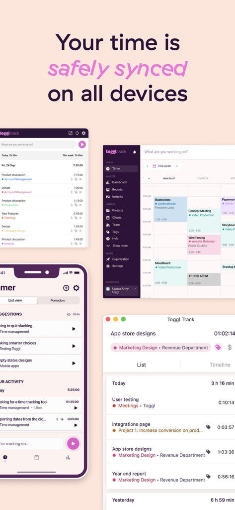 Toggl Track interface showing time logs synced across mobile and desktop applications