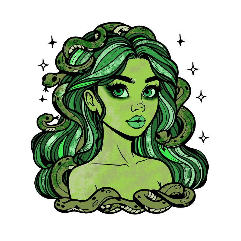 realistic girl with snakes as hair