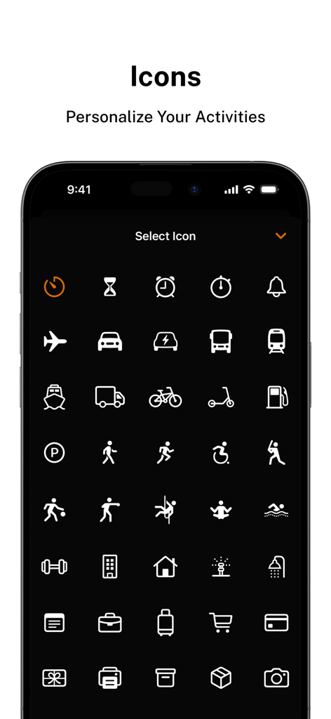 Timeris - Multi Timer Widgets - A selection of customizable activity icons in the Timeris app for personalizing timers and stopwatches.
