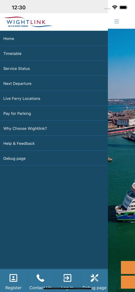 Navigation menu of the Wightlink ferry app showing travel options like timetable and service status