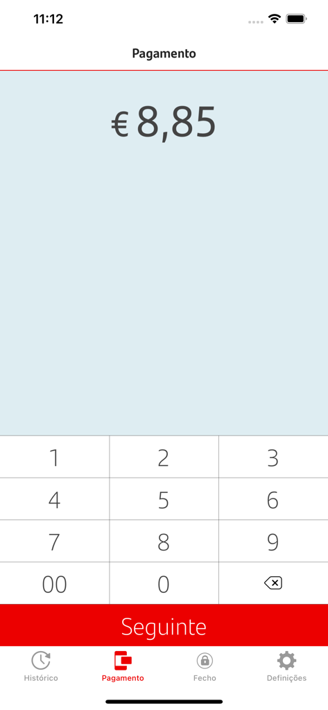 Get Mini - Get Mini mobile app interface showing a payment entry screen with a numeric keypad and a transaction amount of 8.85 euros.