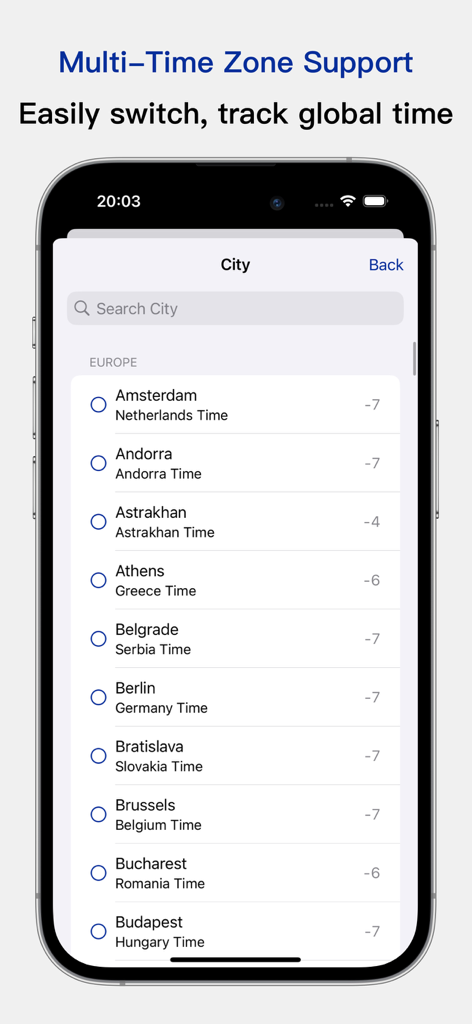 Capture d'écran de l'application MyClock affichant la sélection de l'heure mondiale.