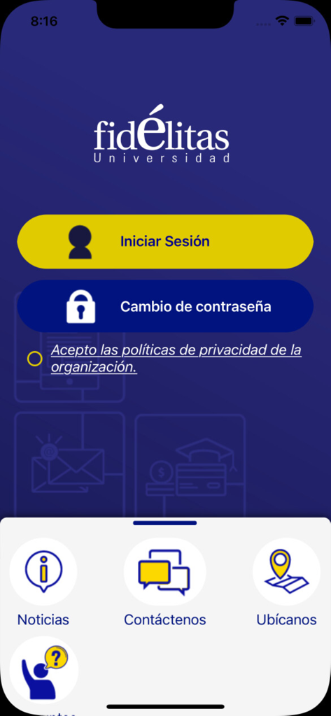 Fidélitas - Pantalla de inicio de sesión de la app móvil de la Universidad Fidélitas con botones de inicio de sesión y cambio de contraseña, e iconos de navegación para noticias y contacto.
