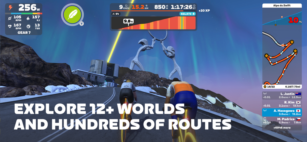 Zwift: Indoor Cycling Fitness - Cyclists riding in a virtual world on Zwift with performance stats and route map