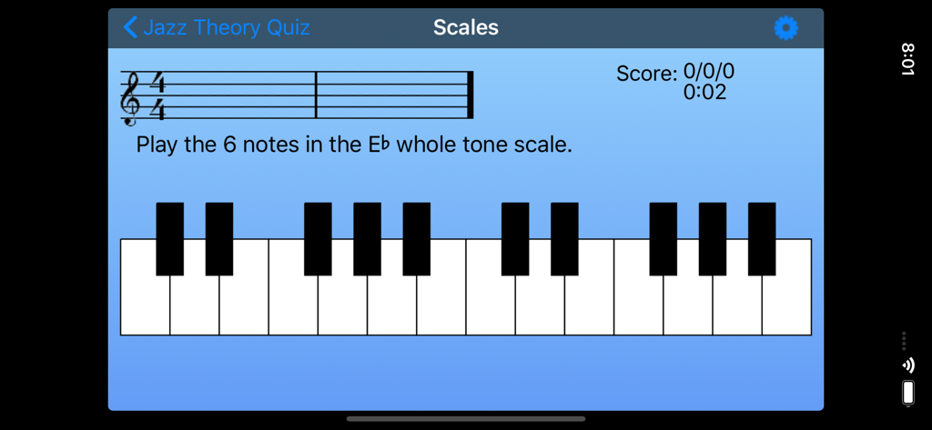 Interfaz de la aplicación Cuestionario de Teoría de Jazz que muestra un ejercicio de identificación de escalas con un teclado de piano virtual y un pentagrama musical.