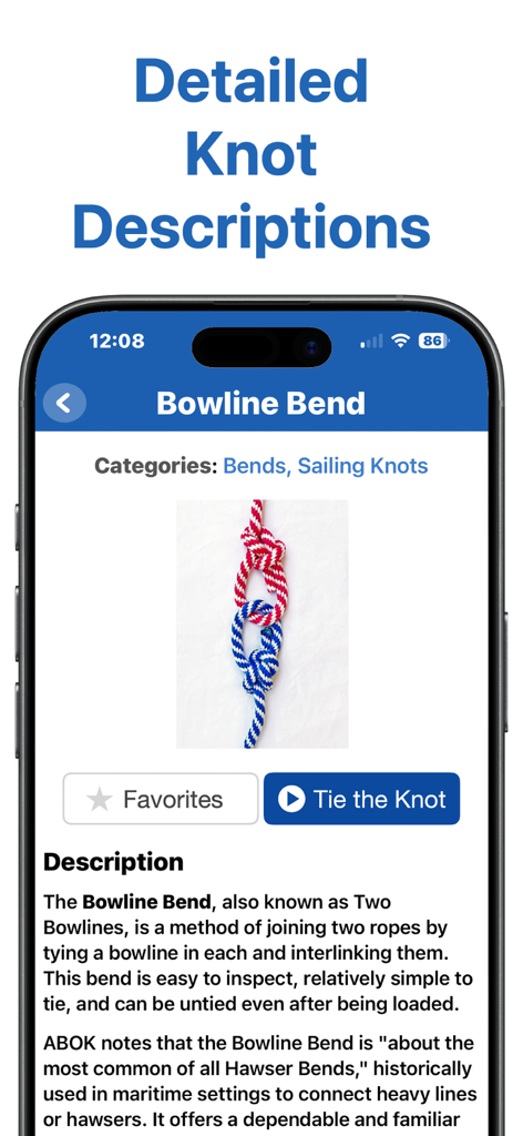 Knot Guide (Lite) - Description détaillée et image d'un nœud de chaise dans l'application Guide des Nœuds