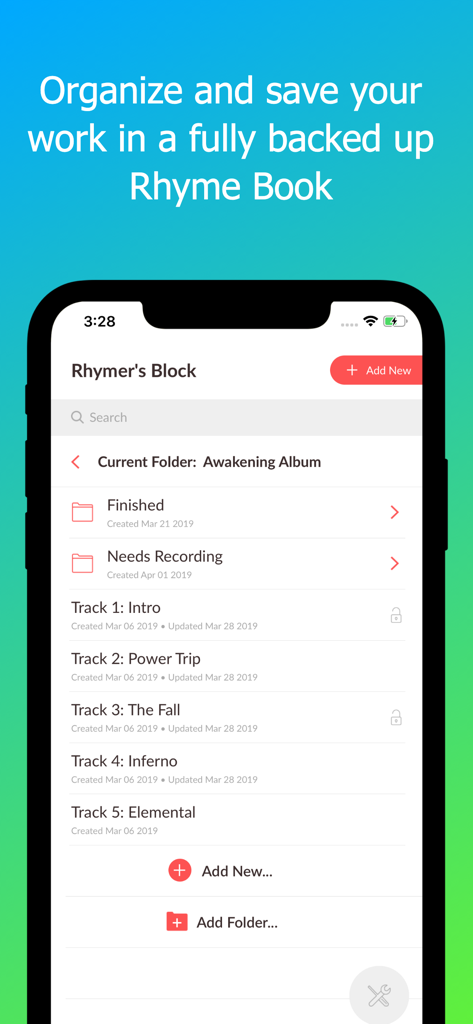 Rhymer's Block - Rhymer's Block app interface showing an organized list of song tracks and folders within a digital rhyme book
