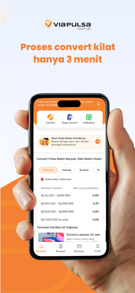 Viapulsa - A hand holding a smartphone showing the Viapulsa app interface with exchange rates for converting mobile credit to cash