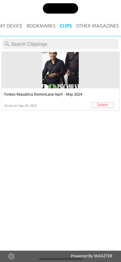 Captura de pantalla de la sección de clips en la aplicación Forbes República Dominicana que muestra un artículo de revista guardado de 2024.