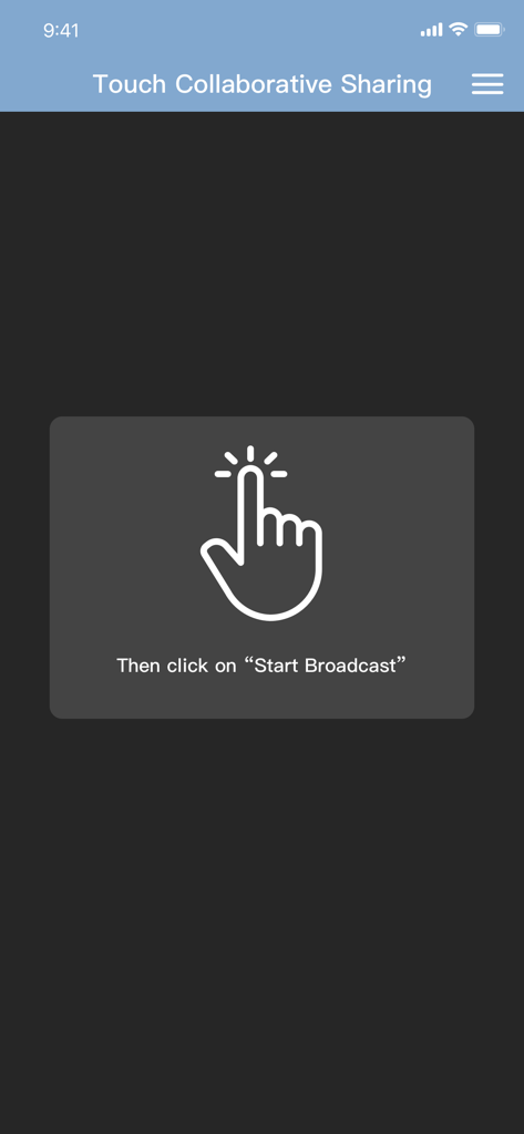 Magic Switch app screen showing a hand icon and the instruction to click Start Broadcast for touch collaborative sharing.