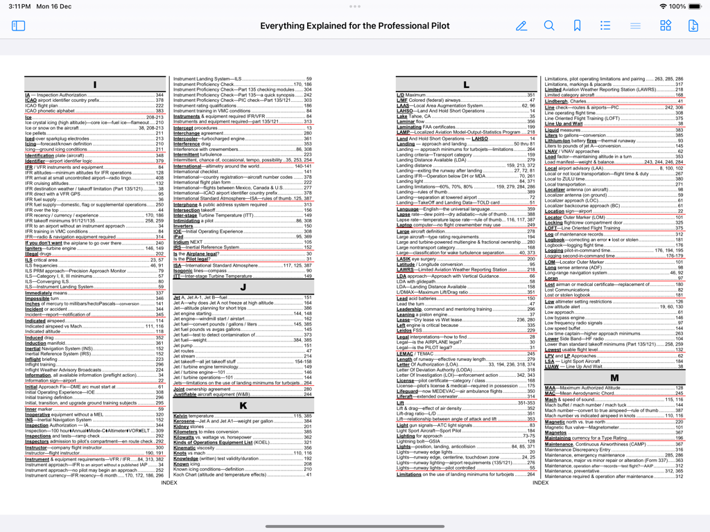 La page d'index interactif de l'application aéronautique Everything Explained for the Professional Pilot sur iPad.
