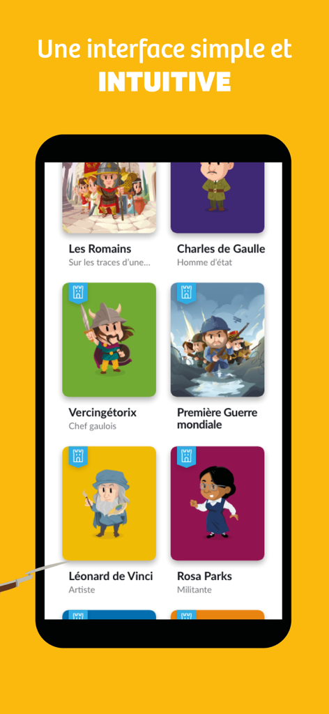A user interface of the Quelle Histoire educational app displaying colorful tiles of historical figures and events including Leonardo da Vinci and Rosa Parks