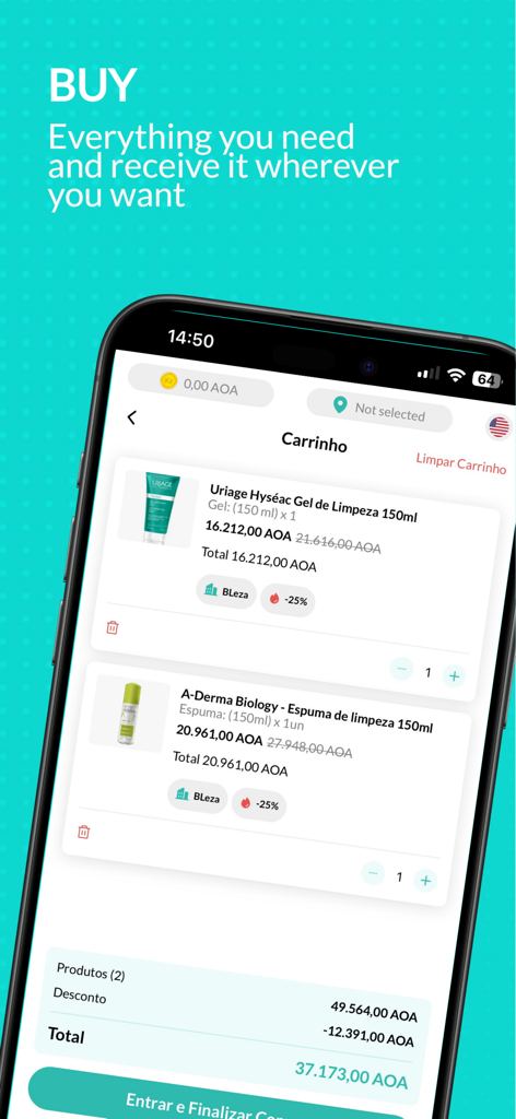 Appy Saúde - Ecrã do carrinho de compras da aplicação móvel Appy Saúde a mostrar produtos farmacêuticos com preços em Kwanzas