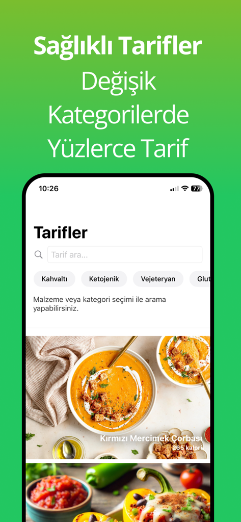 Mevsiminde Beslenme - 빨간 렌틸콩 수프 레시피를 포함하여 키토, 채식, 글루텐 프리 식단 카테고리가 있는 건강한 레시피를 보여주는 모바일 앱 화면