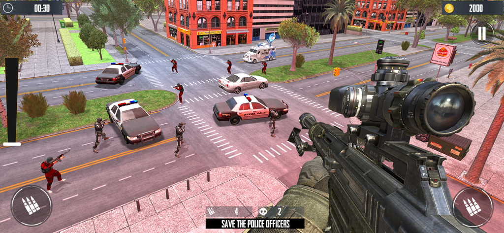 Sniper Shooting 3D Game - Vista de francotirador en primera persona de una misión urbana para salvar a policías de gángsters en una ciudad 3D