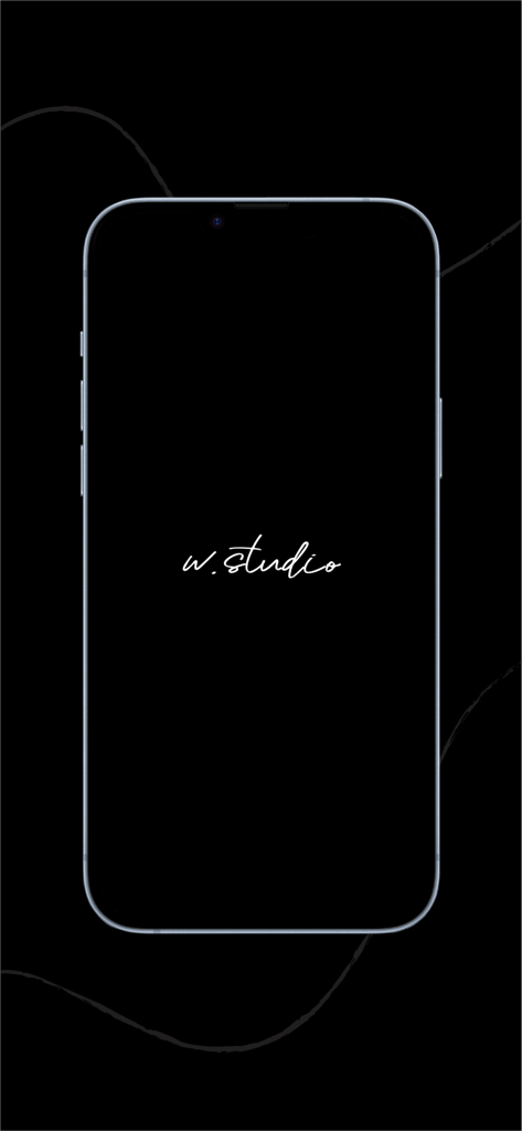 W.STUDIO B2B mobile app splash screen featuring the brand logo in white cursive font on a black background.