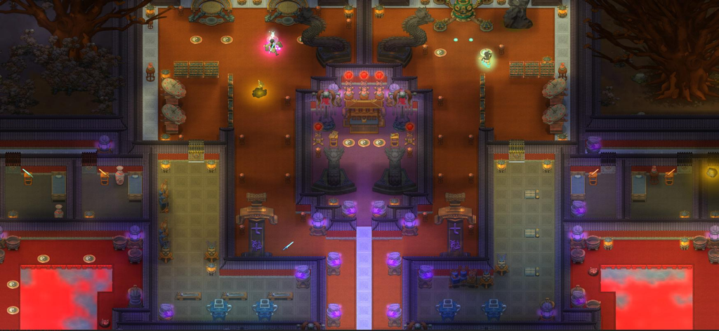 Top-down view of a complex sect temple layout with disciples in Amazing Cultivation Simulator