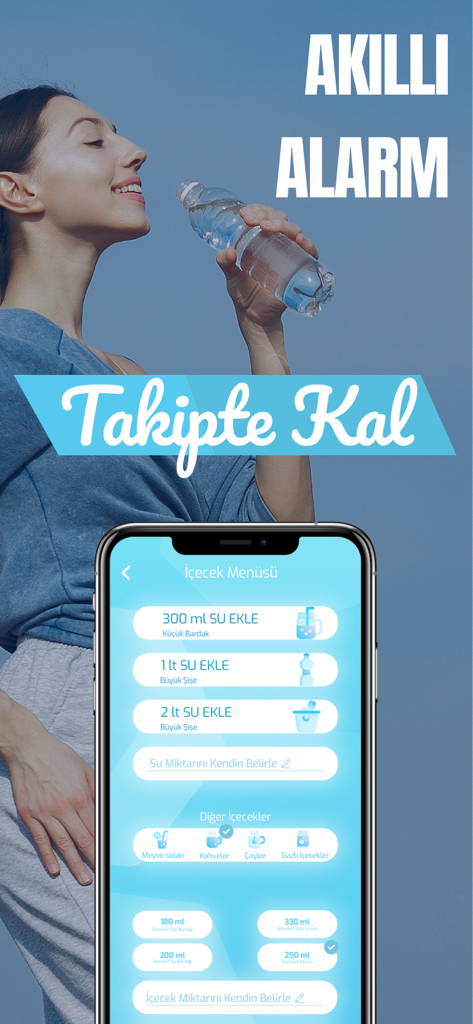 Waterholic Water Tracker Daily - Smartphone screen displaying the drink selection menu of the Waterholic Water Tracker app with a woman drinking water in the background