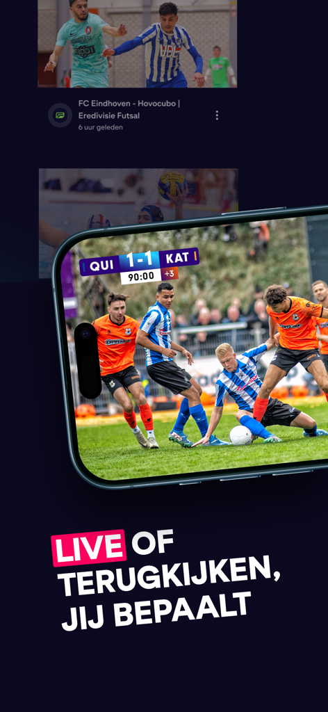 A smartphone displaying a live football match on the Eyecons app with Dutch text about watching live or on demand.