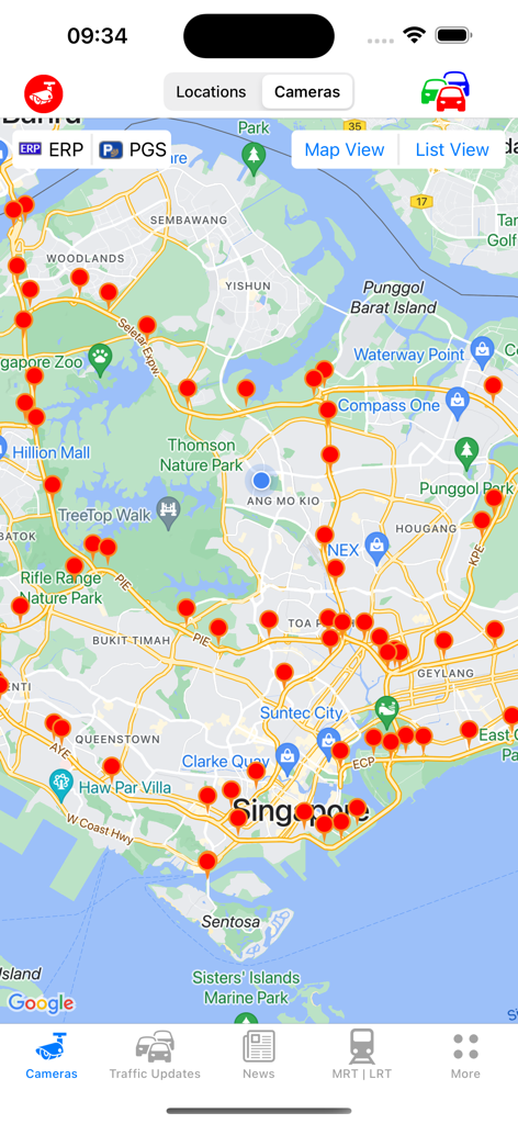 SG Traffic Cameras & Updates - A map interface showing real time traffic camera locations across Singapore with red pin markers