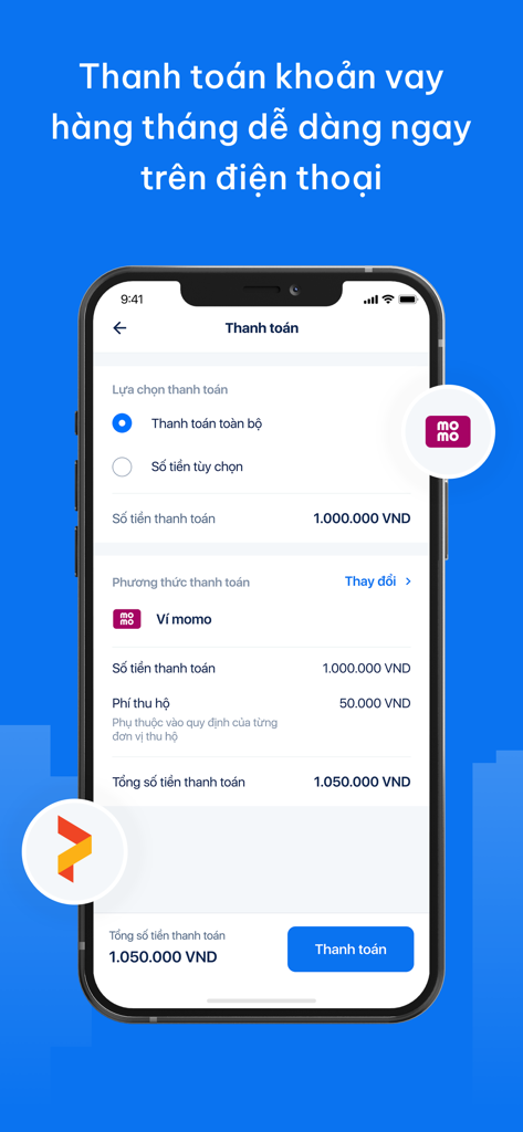Captura de pantalla de la interfaz de la aplicación móvil Mcredit que muestra opciones para el pago mensual del préstamo utilizando la billetera MoMo
