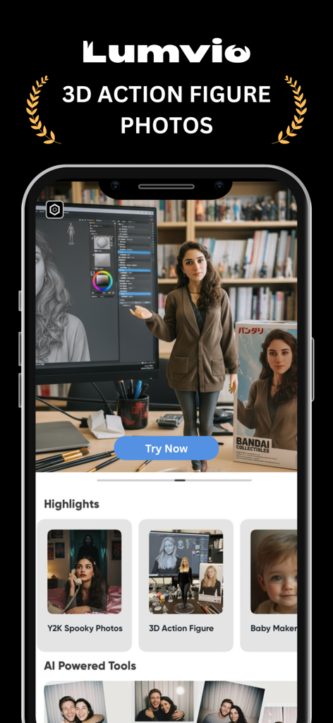 Lumvio ai - ai photo generator - Lumvio AI App-Oberfläche mit 3D-Actionfiguren-Fotogenerierung und kreativen KI-Tools.