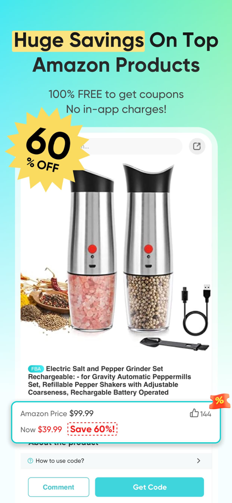 Vipon - Deals & Coupons - Vipon app interface showing a sixty percent discount on an electric salt and pepper grinder set from Amazon