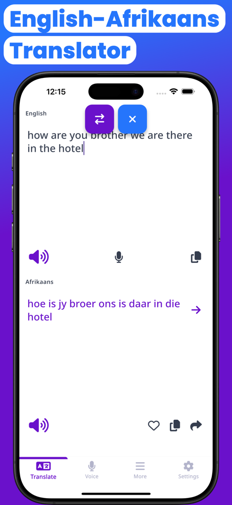 Mobile app interface showing English to Afrikaans text translation