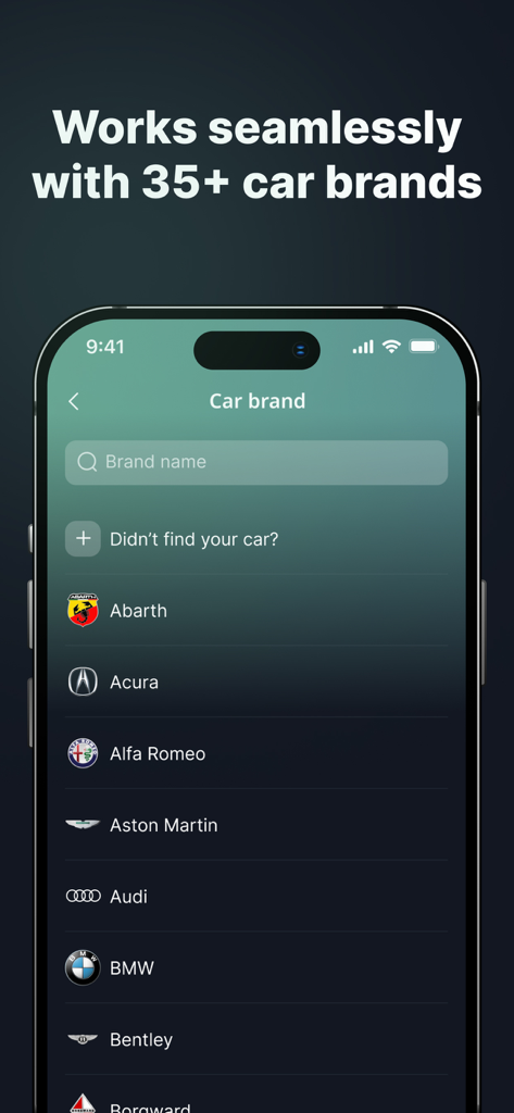 Car Scanner OBD2 Torque Pro - Smartphone screen showing a list of supported car brands for OBD2 diagnostics