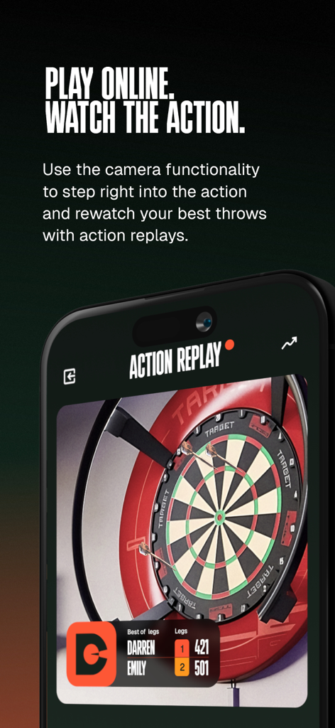 Smartphone displaying DartCounter app with action replay of darts on a board and live scoring.
